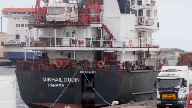 The Russian ship Mikhail Dudin docks at the port of Dunkirk, northern France, Tuesday, Sept.13, 2022. While Europe is cracking down on Russia's oil and gas, it's continuing to import and export nuclear fuel from and to the country, as the sector is not under sanctions prompted by the war in Ukraine _ a uranium trade denounced by Kyiv and environment activists. (AP Photo/Michel Spingler, File)