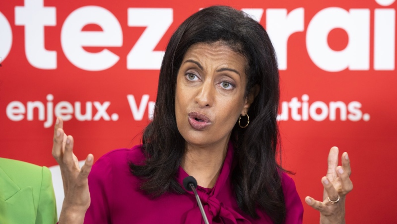 Quebec Liberal leader Dominique Anglade responds to a question during a campaign stop in a riding office in Montreal, on Monday, September 26, 2022. THE CANADIAN PRESS/Paul Chiasson