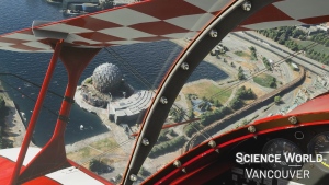 A digital recreation of Science World is seen in an image from Microsoft Flight Simulator. (Microsoft) 