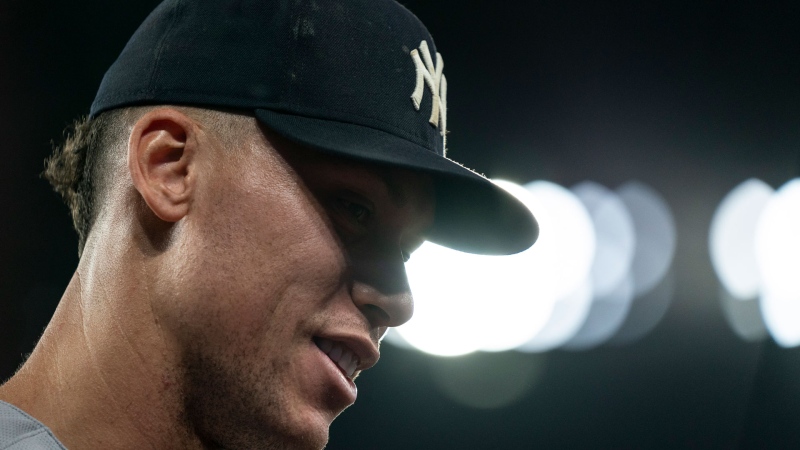 New York Yankees designated hitter Aaron Judge (99) speaks with the media after hitting an American League record tying 61st home run against the Toronto Blue Jays in American League MLB baseball action in Toronto on Wednesday, September 28, 2022. THE CANADIAN PRESS/Alex Lupul