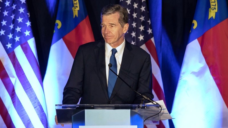 North Carolina Gov. Roy Cooper speaks at a primary election night event hosted by the North Carolina Democratic Party in Raleigh, N.C., Tuesday, May 17, 2022. (AP Photo/Ben McKeown)