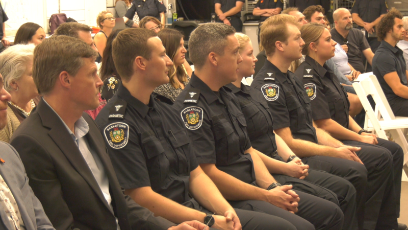 The Saskatoon Fire Department welcomed five new firefighter-paramedic recruits at a graduation ceremony. (Miriam Valdes-Carletti/CTV News) 

