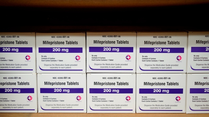 Boxes of the drug mifepristone line a shelf at the West Alabama Women's Center in Tuscaloosa, Ala., on Wednesday, March 16, 2022. (AP Photo/Allen G. Breed)