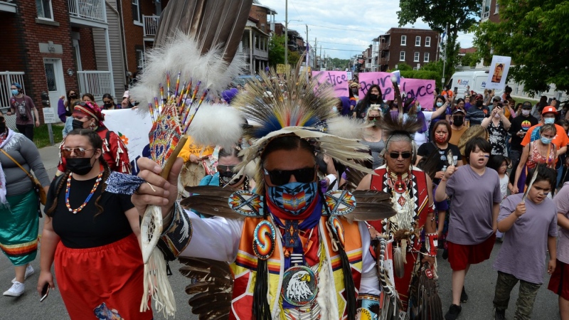 As Quebec's election campaign winds down, Indigenous leaders lament that issues that are priorities for the First Nations have largely been ignored by leaders. In this file photo, people take part in a rally in support of Joyce Echaquan in Trois-Rivieres, Que., on June 2, 2021. Echaquan, a 37-year-old Atikamekw mother of seven died in hospital in Joliette, Que., in 2020, after filming staff using derogatory slurs against her. THE CANADIAN PRESS/Ryan Remiorz