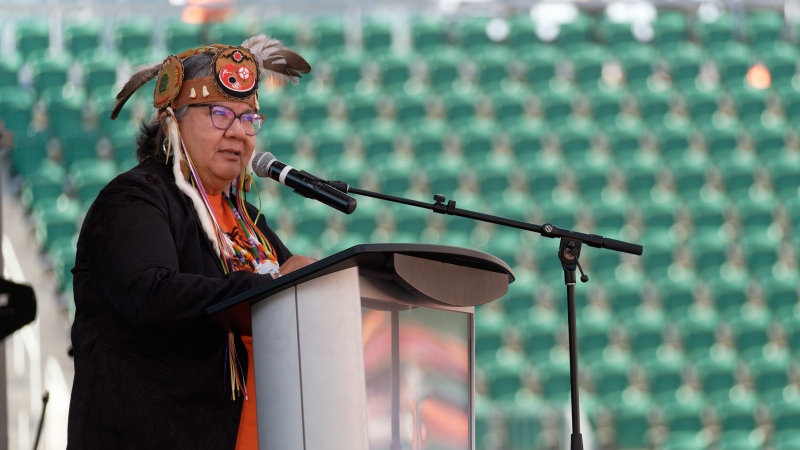 AFN National Chief RoseAnne Archibald speaks at Miyo-wiciwitowin Day held at at Mosaic Stadium in Regina, Thursday, Sept. 29, 2022. THE CANADIAN PRESS/Michael Bell