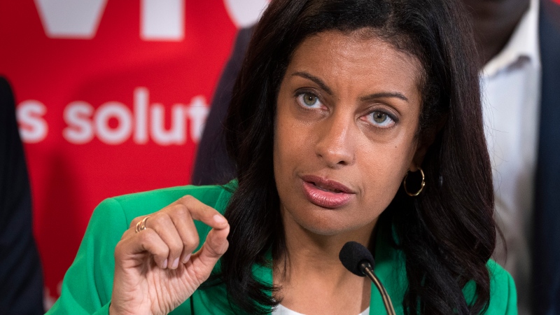 Quebec Liberal Leader Dominique Anglade responds to questions during a news conference in a campaign office in Brossard, Que., Thursday, Sept. 29, 2022. THE CANADIAN PRESS/Paul Chiasson