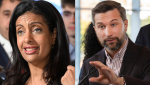 Dominique Anglade feels the Liberals can make gains off the island of Montreal, while QS leader Gabriel Nadeau-Dubois is targeting Liberal strongholds. THE CANADIAN PRESS / Jacques Boissinot, Ryan Remiorz