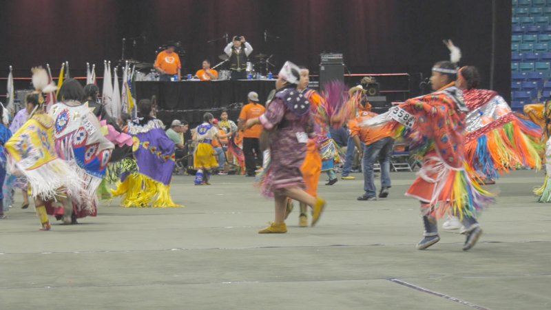 Children in colourful regalia performing various dances at the STC Pow Wow. (John Flatters/CTV News)