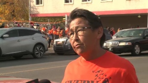 Residential school survivors like Beverly Vinterlik told their stories during the memorial walk organized by the Eagle Heart Centre. (Myek O’Shea/CTV News)