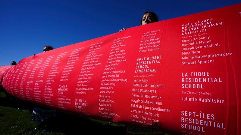 Names of lives lost to residential schools are displayed as people take part in ceremonies for the National Day of Truth and Reconciliation in Ottawa on Friday, Sept. 30, 2022. THE CANADIAN PRESS/Sean Kilpatrick
