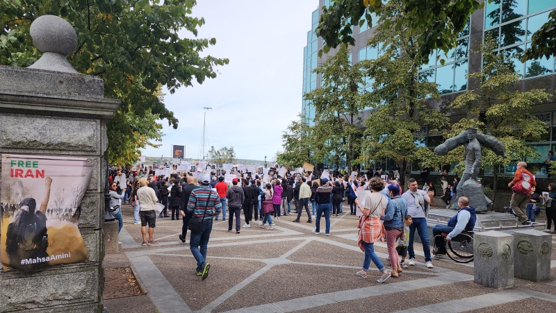 Hundreds of people marched through the streets of Halifax on Saturday in response to the death of an Iranian woman who was detained for allegedly violating the country's forced veiling laws.