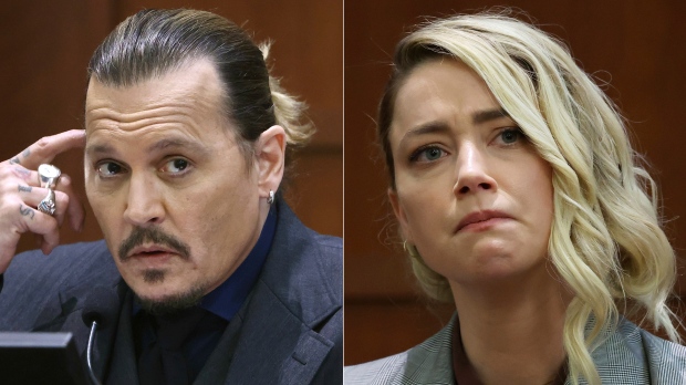 This combination of photos shows actor Johnny Depp testifying at the Fairfax County Circuit Court in Fairfax, Va., on April 21, 2022, left, and actor Amber Heard testifying in the same courtroom on May 26, 2022. (AP Photo)