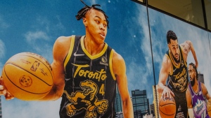 The JW Marriot Hotel in Ice District featured Raptors and Jazz players ahead of the preseason match at Rogers Place on Sunday, Oct. 1, 2022 (Source: Ice District/Twitter).