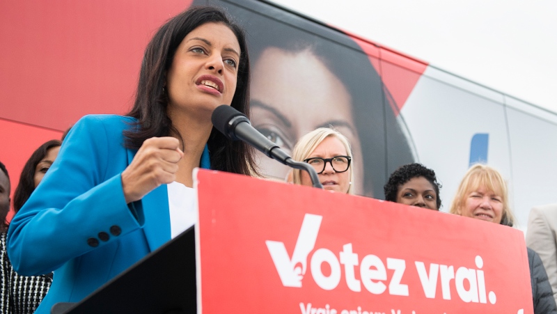 Quebec Liberal Party leader Dominique Anglade speaks during a news conference while on an election campaign stop in Montreal, Saturday, October 1, 2022. Quebecers will go to the polls on October 3rd. THE CANADIAN PRESS/Graham Hughes