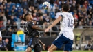 CF Montreal's Mason Toye receives a pass as D.C. United's Steve Birnbaum closes in during second half MLS soccer action in Montreal on Saturday, October 1, 2022. THE CANADIAN PRESS/Peter McCabe