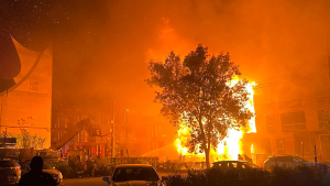 A major fire destroyed a building on St. Dominique St. in Montreal early Oct. 2, 2022. SOURCE: Chadi Alameddine/Twitter