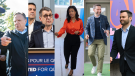 Francois Legault (CAQ), Eric Duhaime (CPQ), Dominique Anglade (PLQ), Gabriel Nadeau-Dubois (QS) and Paul St-Pierre Plamondon (PQ) are fanned out across Quebec on the final day of the Quebec election campaign. THE CANADIAN PRESS/Graham Hughes, Ryan Remiorz, Jacques Boissinot
