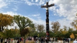 The SCO held a protocol ceremony for raising the totem pole Sunday morning. (Source: Dan Vadeboncoeur, CTV News Winnipeg) 