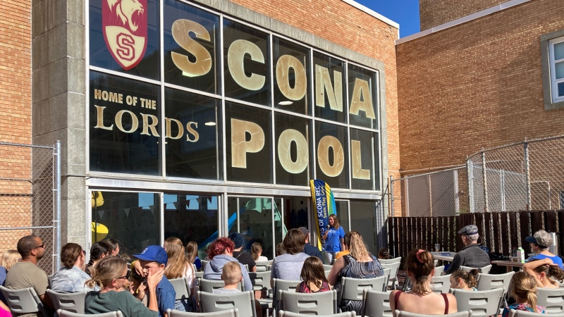 Community members gathered on Oct. 2, 2022 to bid farewell to Scona Pool. (Joe Scarpelli/CTV News Edmonton)