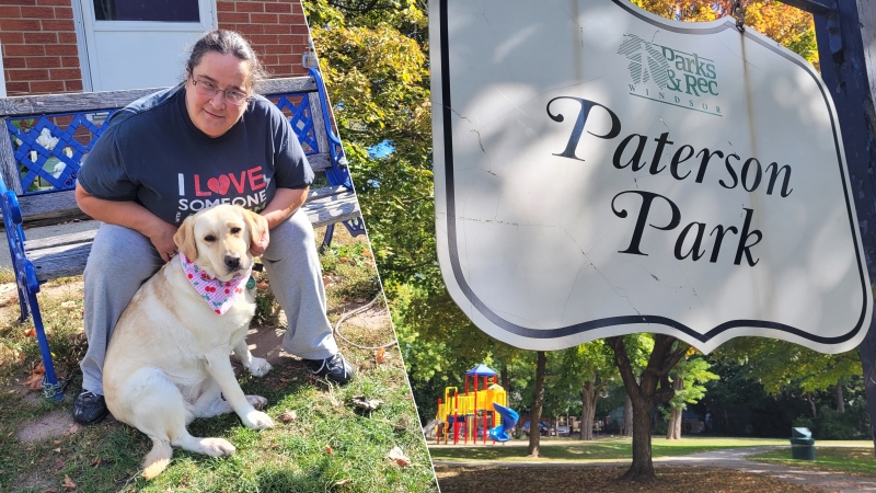 Margaret Cotter, pictured on Oct. 2, 2022, with her four-year-old dog Rosie, says the City of Windsor needs more dog parks. She raised the suggestion on social media after commenting on another resident's post which said dogs are being brought to Paterson Park without a leash and are scaring other pets in the neighbourhood. (Sanjay Maru/CTV News Windsor)