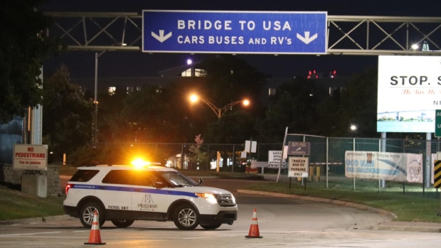 The Canadian side of the Ambassador Bridge was shut down on Oct. 2, 2022 while police investigated a suspicious package in a vehicle. (Source: @_OnLocation_/Twitter)
