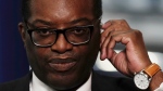 Chancellor of the Exchequer Kwasi Kwarteng speaking to the media ahead of the Conservative Party annual conference at the International Convention Centre in Birmingham, Oct. 3, 2022. (Aaron Chown/PA via AP)
