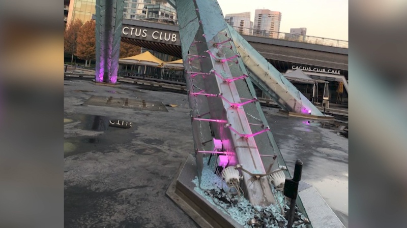 Vancouver's Olympic cauldron is seen partially smashed on Oct. 2, 2022. (James Cybulski photo)