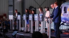 Candidates, left to right, Todd Loewen, Danielle Smith, Rajan Sawhney, Rebecca Schulz, Leela Aheer, Travis Toews, and Brian Jean, attend the United Conservative Party of Alberta leadership candidate's debate in Medicine Hat, Alta., Wednesday, July 27, 2022.THE CANADIAN PRESS/Jeff McIntosh