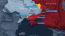 Assessed control of terrain in Ukraine as of 1:30 p.m. ET on Oct. 3, 2022 (Map by CTV News's Jasna Baric / Information from Institute for the Study of War and Critical Threats)