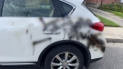 A hate symbol and racist messaging were spray painted onto the driver's side of Malini Sampson's car in Brantford. CTV News has blurred this image image. (Submitted)