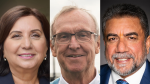 Surrey mayoral candidates Jinny Sims, Gordie Hogg and Sukh Dhaliwal are seen in images from their campaign social media accounts. 