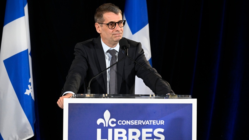 Quebec Conservative Leader Eric Duhaime speaks following the night’s results at the Conservative election night headquarters in Lac-Delage, Que., Monday, Oct. 3, 2022. THE CANADIAN PRESS/Bernard Brault