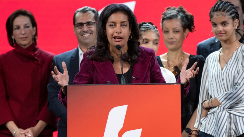 Quebec Liberal Leader Dominique Anglade speaks to supporters after the results in the provincial election at the PLQ headquarters, in Montreal, Monday, Oct. 3, 2022. THE CANADIAN PRESS/Ryan Remiorz
