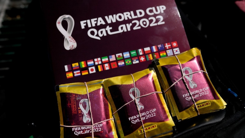 A Panini Qatar 2022 World Cup album with collectible stickers for sale in Buenos Aires, Argentina, on Sept. 24, 2022. (Natacha Pisarenko / AP)