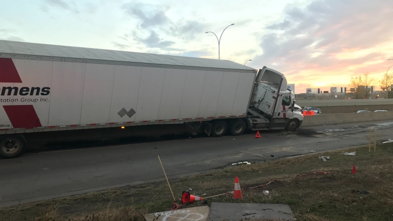 No one was injured on Oct. 4, 2022, when a semi crashed into concrete barriers on eastbound Yellowhead Trail closing the Fort Road exit. 