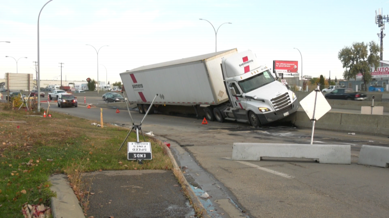 No one was injured on Oct. 4, 2022, when a semi crashed into concrete barriers on eastbound Yellowhead Trail closing the Fort Road exit.