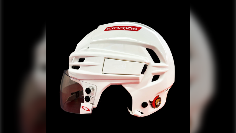 The Ottawa Senators have announced that the team's white road helmets will include the Kinaxis logo for the next three seasons. (Ottawa Senators/supplied)