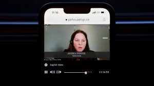 Andrea Skinner, Interim Chair of the Board of Directors, Hockey Canada, is pictured on ParlVU as she appears virtually as a witness at a House of Commons Committee on Canadian Heritage on Parliament Hill in Ottawa on Tuesday, Oct. 4, 2022. THE CANADIAN PRESS/Sean Kilpatrick