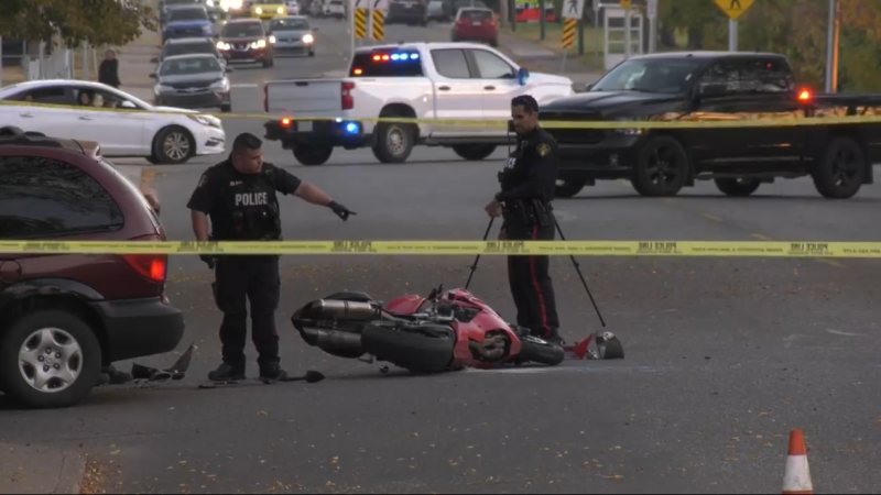 A 35-year-old motorcycle driver is in hospital with serious injuries after colliding with a van at the intersection of Avenue P North and Faulkner Crescent, near 33rd Street.