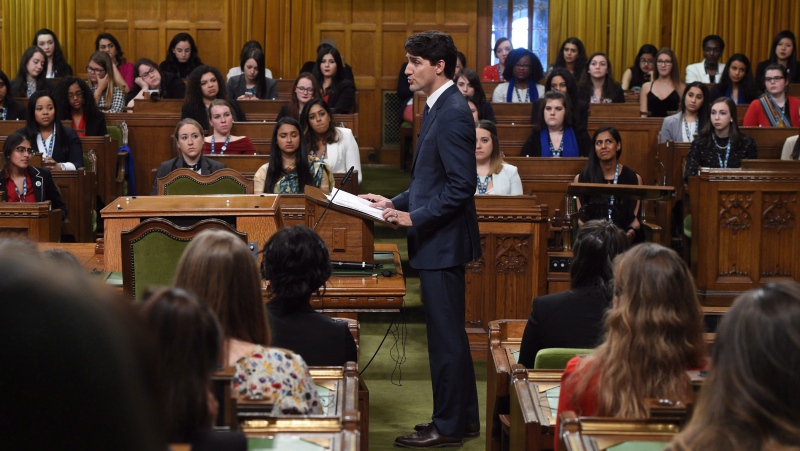 Prime Minister Justin Trudeau delivers a speech and answers questions at a Daughters of the Vote (DOV) event, organized by Equal Voice Canada, in the House of Commons on Parliament Hill in Ottawa on Wednesday, March 8, 2017. THE CANADIAN PRESS/Sean Kilpatrick 