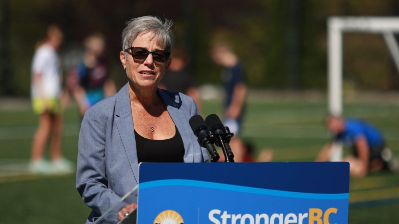 Finance Minister Selina Robinson speaks during a press conference at Goudy Field in Langford, B.C., on Wednesday, Sept. 7, 2022. (THE CANADIAN PRESS/Chad Hipolito)