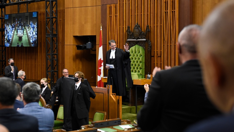 Speaker of the House of Commons Anthony Rota waves to members in the chamber giving him a standing ovation, as he returns to the Speaker’s Chair for the first time since he underwent heart surgery, before Question Period in the House of Commons on Parliament Hill in Ottawa on Tuesday, May 31, 2022. THE CANADIAN PRESS/Justin Tang