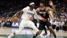 Los Angeles Clippers' John Wall drives against Portland Trailblazers' Shaedon Sharpe during the first half of an NBA preseason basketball game, Monday, Oct. 3, 2022, in Seattle. (AP Photo/ John Froschauer)