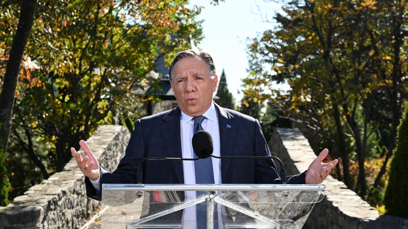 Quebec Premier and Coalition Avenir Quebec Leader Francois Legault speaks at a news conference on Tuesday, October 4, 2022 in Saint-Francois on the Ile dOrleans. THE CANADIAN PRESS/Jacques Boissinot
