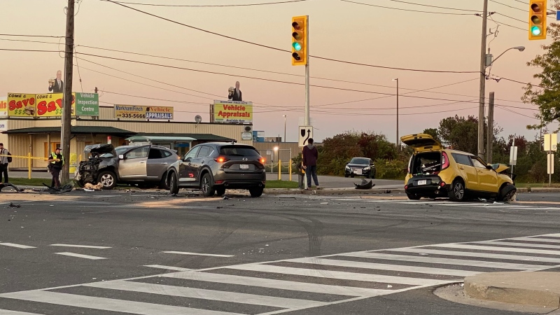 At least two people have been transported to hospital, one with very serious injuries, following a collision in Scarborough on Tuesday at the intersection of Finch Avenue East and Markham Road. (Mike Nguyễn/CP24)

