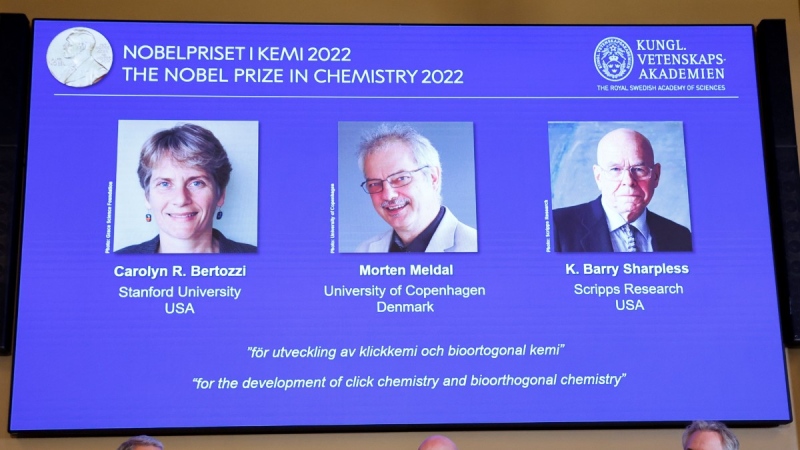 The three winners of the Nobel Prize for chemistry are shown at a press conference at The Royal Swedish Academy of Sciences in Stockholm, Sweden, Oct. 5, 2022. The winners of the 2022 Nobel Prize in chemistry are Caroline R. Bertozzi, USA, Morten Meldal, Denmark and K. Barry Sharpless, USA. (Christine Olsson/TT News Agency via AP)