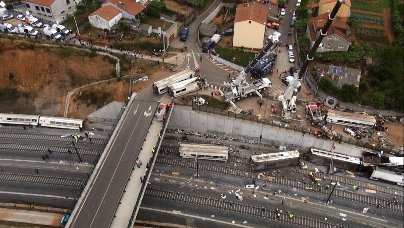 This aerial image taken from video shows a general view of the site of the train accident in Santiago de Compostela, Spain, on Thursday July 25, 2013. (AP Photo)