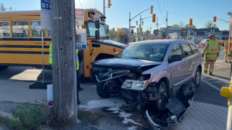 A vehicle collided with a school bus in the area of Manotick Main Street and Bridge Street Wednesday, Oct. 5, 2022. (Jim O'Grady/CTV News Ottawa)