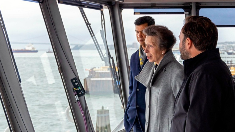 Princess Anne rides in the pilothouse of the Staten Island Ferry 'Sandy Ground,' in New York Harbour, on Oct. 4, 2022.  (Sigurjon Gudjonsson / New York City Department of Transportation via AP) 
