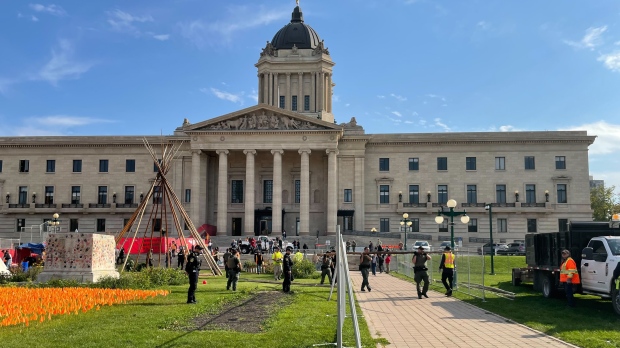 An encampment in front of the Manitoba Legislature is removed on Oct. 4, 2022 (CTV News Winnipeg Photo)